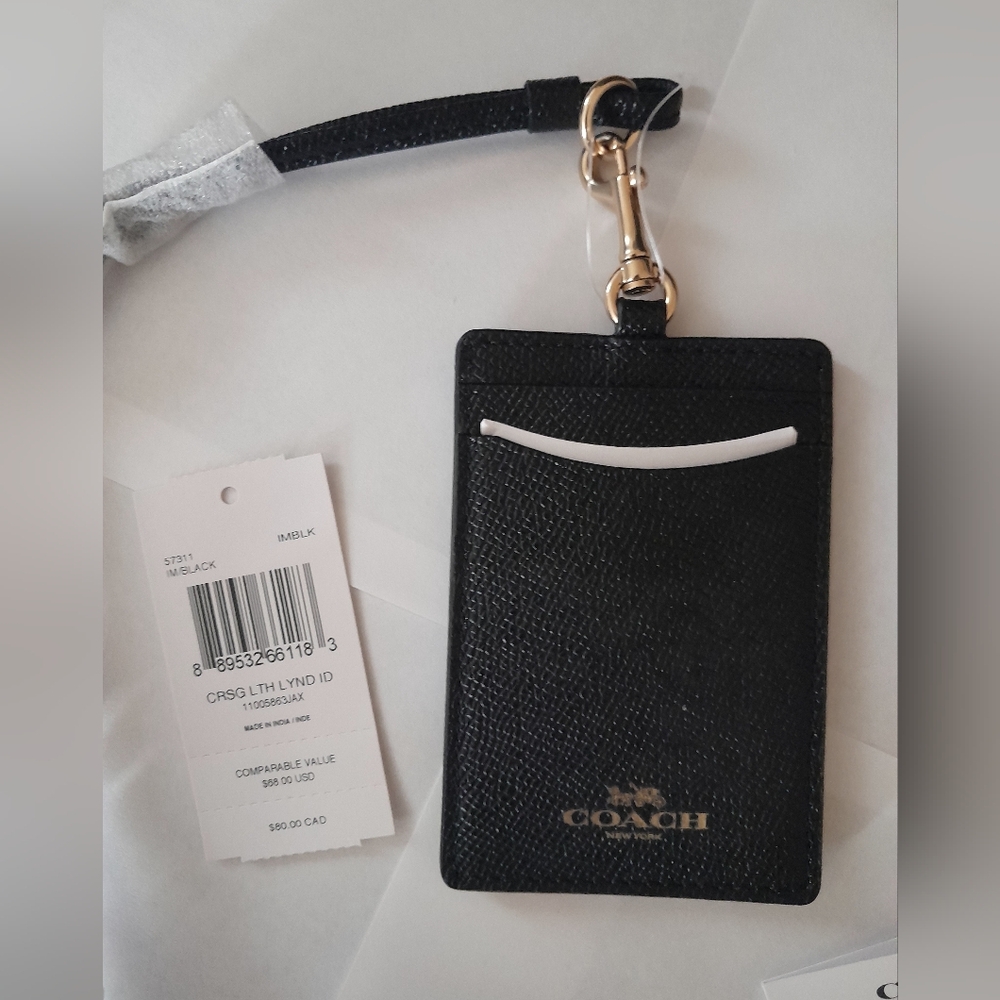 New Coach Lanyard With Detachable Card Case Black/Gold NWT